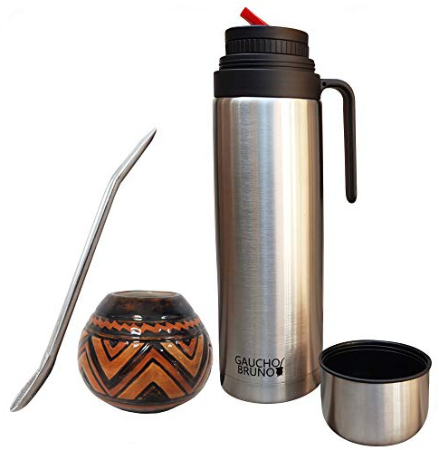 Gaucho Bruno Set Tazza per Yerba Mate, Cannuccia, Thermos Tazza stile Zucca a Fiasco Tribale in Ceramica, Cannuccia Bombilla in Acciaio Inossidabile e Thermos di 1 Litro con Beccuccio Rosso