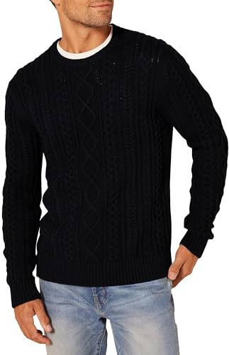 Amazon Essentials Pull Ras-du-Cou Torsadé, Type Côtes Anglaises, à Manches Longues, 100% Coton Homme, Noir, XL