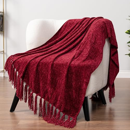 PAVILIA Burgunderrote Überwurfdecke für Couch, weiches Weinrot, Dunkelkastanienrot, Strickdecke mit Quasten-Fransen, gewebte Chenille-Strickdecke, dekorative Decke für Sofa, Bett, Wohnzimmer, | Dekorative Überwurfdecke, Quaste, Fransenüberwurf für Wohnzimmer, luxuriös, leicht, Burgunderrot