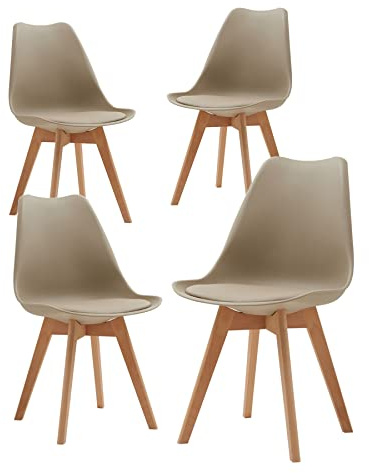 BenyLed Set med 4 matsalsstolar, vadderade tulpan retro köksstolar med massiva bokträben för vardagsrum, sovrum, kök, kontor, brun