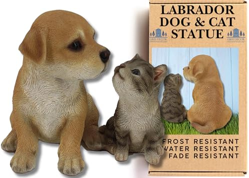 Cat and Dog Figurines | Garden Ornaments Outdoor Animals | Garden Statue | Hand Painted Outdoor Cat and Realistic Dog Garden Ornaments | Weather Resistant Resin Animals | Labrador Ornaments