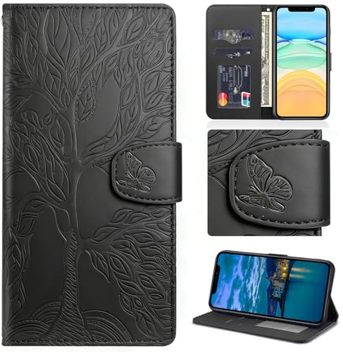 Aisenth Handyhülle für iPhone 12 Mini Magnetische hülle mit Kartenfächer | Baum Muster,Standfunktion,Kartenfächer,PU Leder,2 Kartenfächer+Geldfach+Handschlaufe,Stoßfeste,Magnetische,Schwarz