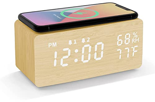 REDGO Wood LED Digital Alarm Clock, Table Clock with Wireless Charging, Date Temperature Display, Adjustable Brightness, Voice Control, with USB Cable for Bedrooms, Office (natural)