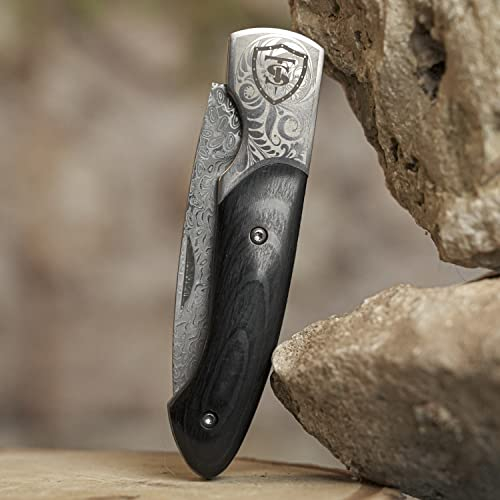 TS Tactical Store Couteau de poche pliant DAMAS | Lame en acier inoxydable de 72mm avec manche en bois | Couteau de poche pliant pour l'extérieur, le camping, randonnée, collections DAMAS 18424