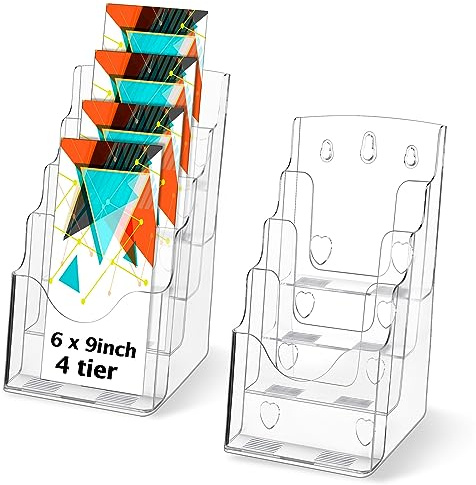 Crtiin 2 Pack 4 Tier Acrylic Brochure Holder Display Stand 6 x 9 Inch, Pamphlet Organizer Flyer Literature Clear Plastic Wall Mount Countertop for Classroom Booklets Magazines Office Home