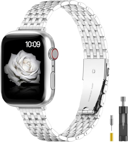 TISIMO für Apple Watch Armband 41mm 40mm 38mm 45mm 44mm 42mm Series 8 7 6 5 4 3 2 1 SE SE2 Damen und Herren, Edelstahl Metall Ersatzband für iWatch Armband (45mm 44mm 42mm, Glänzend Silber)