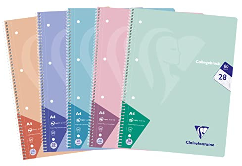 Clairefontaine 306228C - Packung mit 5 Heften / Collegeblöcken, DIN A4, 80 Blatt, 90g, kariert mit Doppelrand, Lineatur 28, Pastellfarben sortiert, 1 Pack
