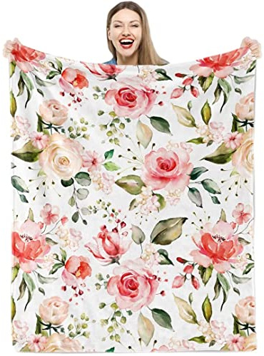 Teslite Floral Throw Blanket Pink Rose Flannel Fleece Blankets Soft Colorful Wild Flowers Plush for Women Girl Gifts Cozy Fuzzy Spring Summer Wildflower Sofa Chair Office, 50'' x 60''
