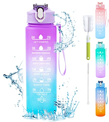 XZMCAT Borraccia 750 ml con Cannuccia, Bottiglia con Marcatura del Tempo, Bottiglia Sportiva a Prova di Perdite Senza BPA per Scuola, Ciclismo, Fitness, Escursionismo (Viole)