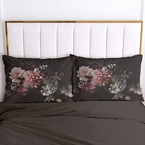 Luowei 2er-Pack Kissenbezug 40x80cm Blumen Schwarz Vintage Floral Blüten Kopfkissenbezug Weiche Komfort Microfaser Kissenhülle Doppelpack