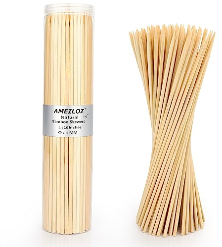 10 Barbecue Skewers, Bamboo Wooden Kabob Skewers for Appetizer, Fruit, Sausage, Chocolate Fountain, Kebob Skewer Stick, Organic Wood Food Sticks for BBQ Grilling, Kitchen (Φ=4mm Thick, 100PCS)