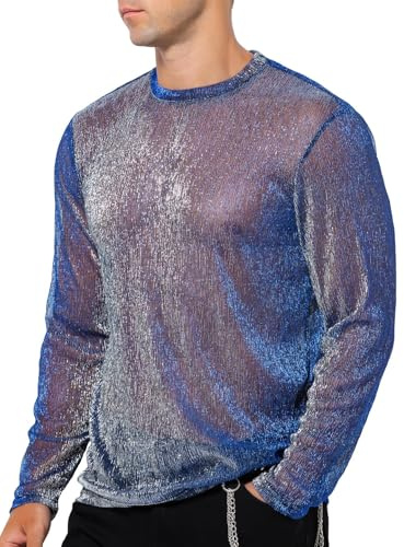 Casey Kevin Herren Langarmshirts Muskel Transparent Hemd Mesh Shirts Sparkle & Shine Shirts Netz T-Shirt Durchsichtig Rundkragen Oberteile Clubwear