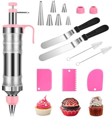 Icing Decoration Gun Set, Stainless Steel Dessert Decorating Syringe Set, Cupcake Frosting Filling Injector with 6 Icing Nozzles, 3 Cream Scraper, 2 Offset Spatula, 2 Nozzle Brush for Kitchen Baking