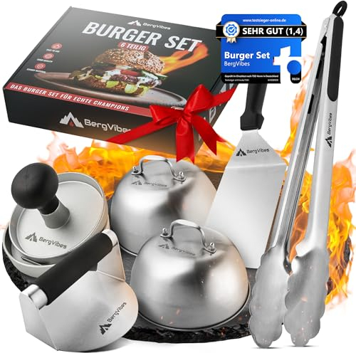 BERGVIBES Burger Smasher, Smash Burger Set 6 TLG. aus Edelstahl, Smash Burgerpresse,2 x Burgerglocke, Alu Burgerpresse, Plancher Spachtel, Smashed Burger Presse,Grillzange, Smasher, Plancha zubehör,