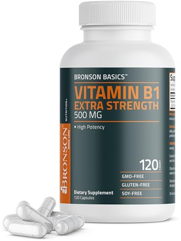 Bronson Vitamin B1 Extra Strength 500 MG High Potency Non-GMO, 120 Capsules
