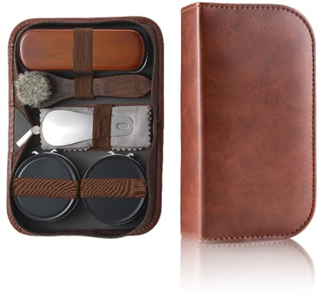 SULIVES Premium Shoe Cleaning Kit, 7 Piece Shoe Shine Kit with Horse Hair Brush, One Box of Black and White Shoe Polish Each, Two Cleaning Cloths, Metal Shoe Pull