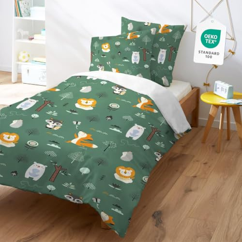 Yasida KinderBettwäSche Tiere BettwäSche 135x200 Kinder MäDchen 2-Teilig Mikrofaser BettwäSche-Set 1 Bettbezug 135x200 + 1 Kissenbezug 80x80cm Dekor FüR Kinderzimmer Einzelbett,Grün