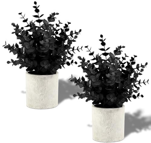Coferset 2 Pack Black Fake Eucalyptus Small Fake Plants Potted Artificial Plants for Halloween Shelf Desk Home Farmhouse Room Coffee Table Decor Bathroom Decor (Black)