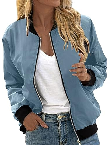 Bomberjacke Damen Grün, Blouson Jacke Damen Weiß, Pilotenjacke Zip Up Lange Ärmel Fliegerjacke Dünn Bequeme Damenblouson Einfarbig Basic Sweatjacke Freizeit Elegantes Mantel Outdoor Teenager Mädchen
