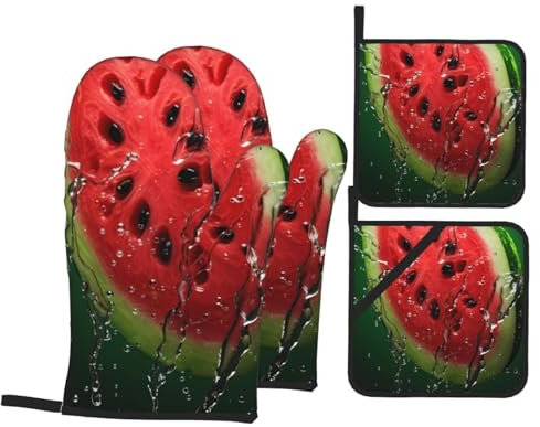 YYHWHJDE Set di 4 presine e presine con stampa verde anguria: spessi e resistenti, anti-scottatura e termoisolanti