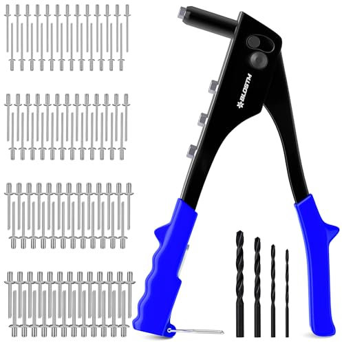 BLOSTM Pop Rivet Gun Kit - 100 PCS Pop Rivets in 4 Sizes (2.4mm 3.2mm 4mm 4.8mm) Pop Riveter Gun, 4 Rivet Nosepieces, 4 Drill Bits - Hand Riveter for Metal, Plastic, Auto Repairs, Furniture (Blue)