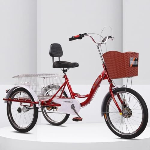 20-Zoll-Dreirad Für Erwachsene, Dreirädriges Cruise-Trike Mit Großem Einkaufskorb, 3-Rädriges Lastendreirad Für Senioren, 1-Gang-Trike-Rikscha-Fahrrad Für Erwachsene Mit Abnehmbaren Körben (Red Pro)