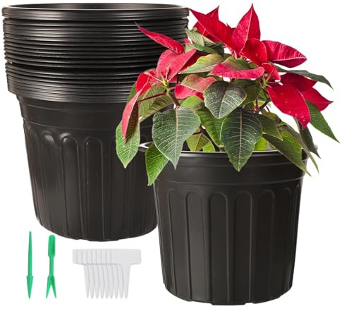 Belinlen 24 Pack 23.5cm Plastic Thickened Plant Pots with 24Pcs T-Type Tags | 2 Gallon Plastic Plant Pots with 2 Pcs Mini Digging Tools and 24 Pcs Waterproof Tags for Use in Garden, Allotment or Patio