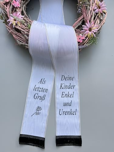 (17 Farbe Auswahl) Moire Trauerschleife mit Text personalisiert, Grabsgesteckband Bedruckt nach Wunsch, Urnen- Grabstrausschleife, Kranzschleife (Weiß, 75mm)