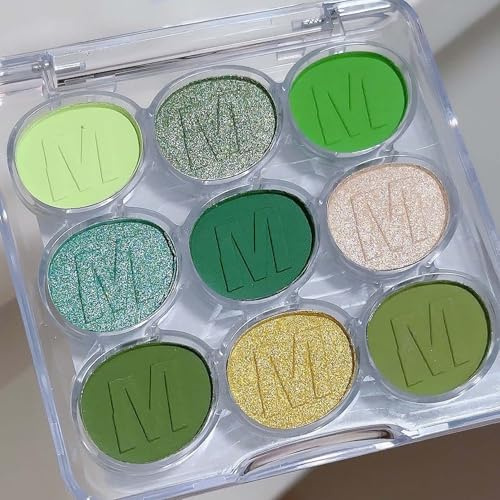 Matte Pearlescent Eyeshadow Palette, 9 Farben Lidschatten Palette, Glitzer Grüner Lidschattenpalette für Tägliche und Bühnen Makeup, Smoky, Wasserdicht, Feines Pulver, Lang Anhaltend Brillant (Grüner)