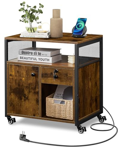 CLIPOP Rollcontainer, abschließbar, mobiler Aktenschrank mit 1 Schubladen, Schrank, und Offenes Fach, Druckertisch, Büro, Homeoffice, für A4/Legal/Letter, Vintagebraun-Schwarz