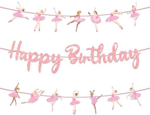 3 stycken Happy Birthday-girlang, ballerina,flaggirlang, födelsedag med balettdekoration, tutu dansfest-banderoll, ballerina, födelsedagsdekoration, tutu-dans-partytillbehör för flickor (rosa)