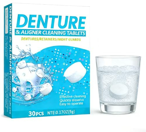 Denture Cleaner Tablets 30-Count, Effervescent Deep Cleaning for Dentures, Retainers & Mouth Guards, 1-Month Supply