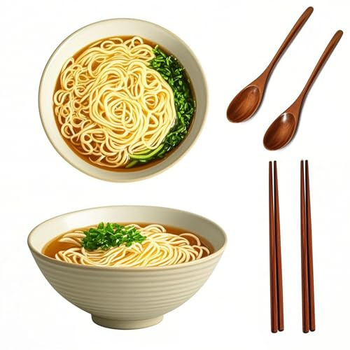 2 Set da 1000 ml Ramen Bowl con cucchiaio e bacchette, ciotola ramen, ciotola in ceramica, ciotole per zuppa, ciotola giapponese, insalata per pasta (celeste)