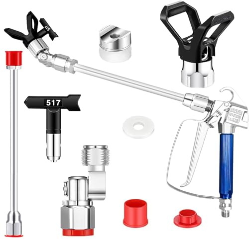 5-teiliges Airless Spritzpistole Set, 3600 PSI Airless Pistole mit 25 cm Spritzverlängerung 517 Düse & Düsenschutz, Hochdruck Spray Gun mit Drehgelenk, Kompatibel mit Graco, Wagner & Titan