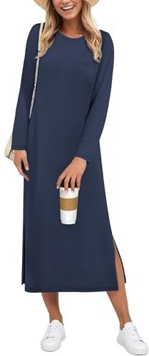 AUSELILY Abito Donna Invernale - Vestito Donna Inverno Lungo con Spacco Laterale Manica Lunga Morbido e Comodo Casual Blu Marino S