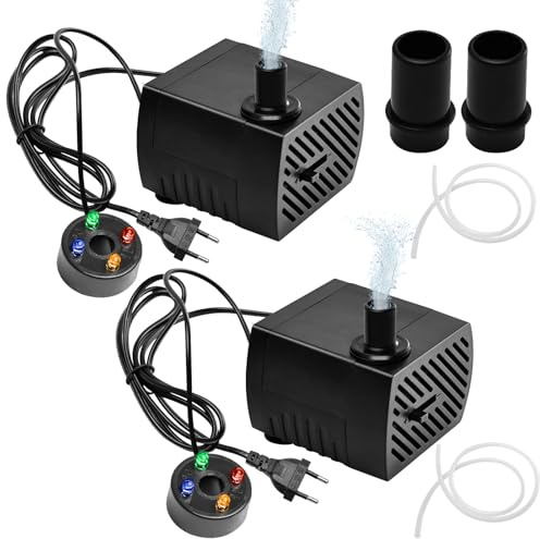 2 Stück 5W Mini Aquarium Wasserpumpe mit 4 LED Licht 350L/H 3.5W, Teichpumpe Tauchpumpen für Aquarium Teich, Steingarten, Brunnen, Garten Tauchwasserpumpe, Max Förderhöhe 0.85m