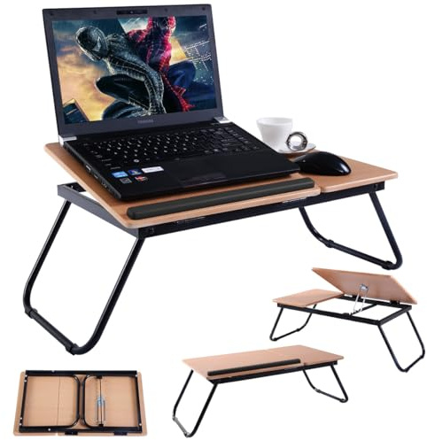 COSTWAY laptopbord vikbart, 4-vägs höjdjusterbart, sängbord fällbart laptopbord, sängbricka, laptopdäck, arbetsbord av MDF, metall, bord för säng eller soffa, golv, 55 x 32 x 23 cm (naturlig + svart)