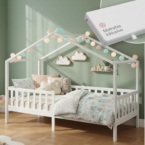 Bellabino Bia Hausbett 80x160 cm, Weiß, mit Matratze, Kiefer Massivholz | Montessori Kinderbett mit Rausfallschutz, mit Lattenrost, für Jungen & Mädchen, Holzbett, Kinderzimmermöbel, Bettgestell