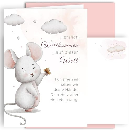 E&G Klasse Geburtskarte zur Geburt Klappkarte A6 mit Umschlag Babykarte Mädchen Junge Spruch Maus rosa Geschenk Neugeborenes Baby Willkommenskarte hochwertig Made in Germany