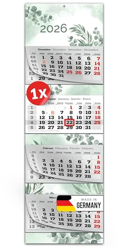 PRIMUS PRINT XXL Kalender 2026 - Mehrblock Wandkalender - 4-Monatskalender - mit Datum Schieber, Kalender zum Aufhängen - inklusive Feiertagen & Ferien - verschiedene Motive - [ 1x Eukalyptus ]