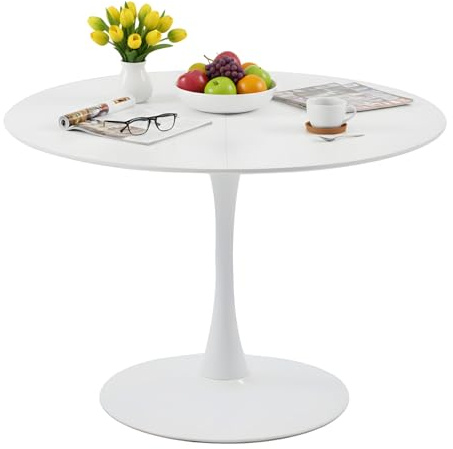 GOKHOMX Table de Salle a Manger Ronde Blanche de 110 cm Diametre pour 4 à 6 Personnes, Table Ronde Salle Manger Moderne avec Base en Métal pour Cuisine Salon Restaurant Café Bureau, Blanc