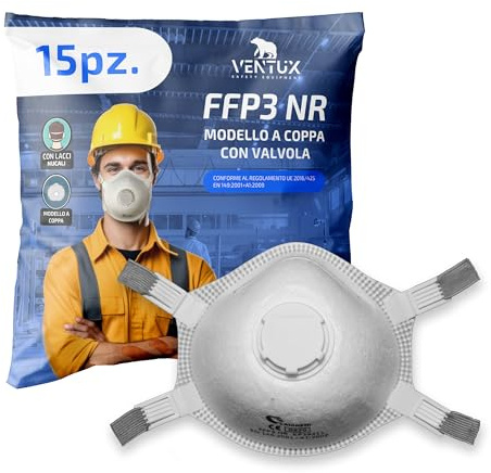 VENTUX SAFETY EQUIPMENT FFP3 con Valvola - 15 Pezzi - Mascherina FFP3 Modello a Coppa con Lacci Nucali - Mascherine FFP 3 con Valvola Certificata EN 149 per Protezione Polveri