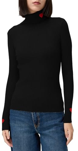 Beauty Women Pull basique à col montant pour femme | Maille fine en tricot fin à porter sous | Variante avec broderie cœur ou trèfle sur le col et les manches - Tailles S/M et L/XL