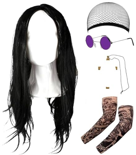 ZXTGBQ Prince of Dark Zubehör-Set für Erwachsene, Punker Kostüm, Rockstar Kostüm, Lange Schwarze Perücke, Kreuz-Halskette und Tattoo-Ärmel, für Männer Frauen Punk Rocker Party Cosplay