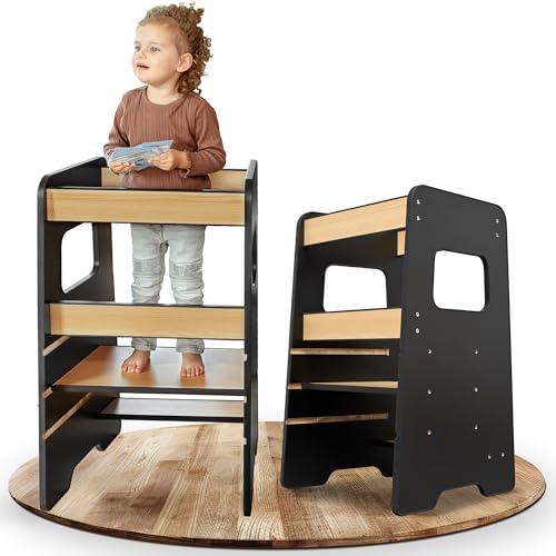 Lernturm für Kinder ab 1 Jahr – Mit Aktivitätskarten für echte Nutzung im Alltag, sicherer Learning Tower mit Wobble Stop Design, 2 Stufen & höhenverstellbar für Küche & Bad | Montessori (Schwarz)