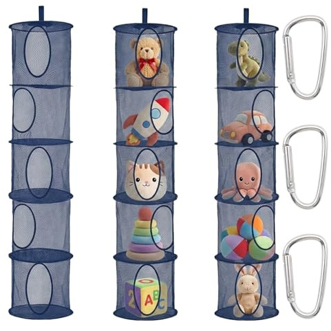 ZYNERY 3 Stück Set Hängende Netz-Aufbewahrungstasche, 5 Stufe Faltbare Hängeaufbewahrung Organizer, Hängender Speicherkorb Kinder für Kinderzimmer Badezimmer Balkon (Marineblau)