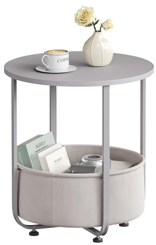 WOLTU Couchtisch rund, Kleiner Beistelltisch, mit abnehmbarem Stoffkorb | Metallrahmen,Grau,einfache montage,bis 35 kg,für Kaffee und Laptop,für Wohnzimmer,Schlafzimmer ,Büro