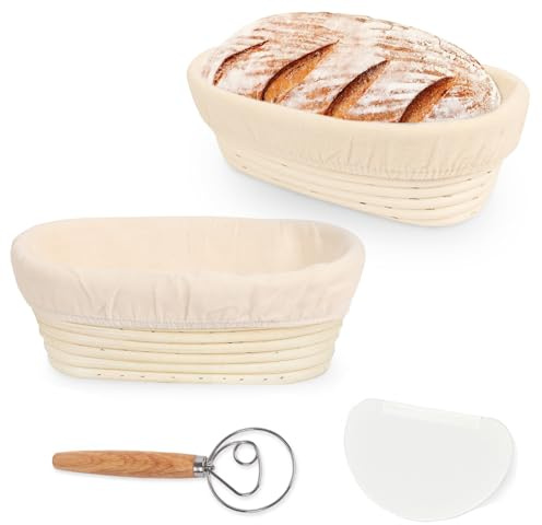 2PCS Gärkörbchen Oval 25 cm, Brotbackkorb zum Backen, Gärkorb Brot Set für Anfänger und Erfahrener Bäcker (2pcs+2kit)