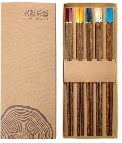 CZXCV 5 Paar Essstäbchen aus Holz, Chinesische Essen Stäbchen, Holz Besteck | Kochstäbchen, Wiederverwendbar, Natürliches Holz, Spülmaschinenfest