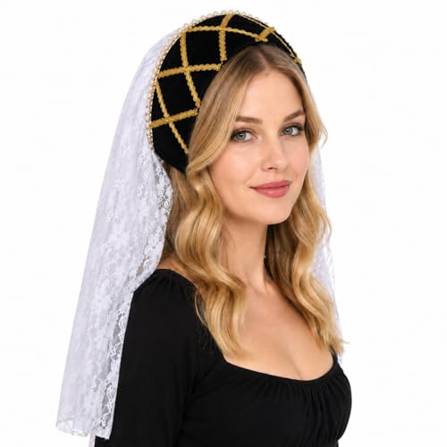ANDHOM Damen Renaissance Tudor Kopfbedeckung Mittelalter Elisabethan Regal Samt Hut mit Spitzenschleier Historisches Kostüm Zubehör für Cosplay Halloween Themenveranstaltungen